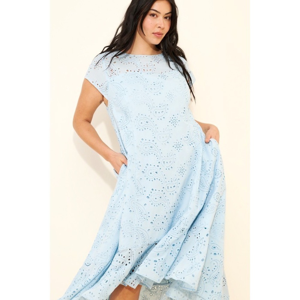 Anthropologie Universal Standard Eyelet High Low Midi Dress Women's 1X Baby Blue - Picture 3 of 16